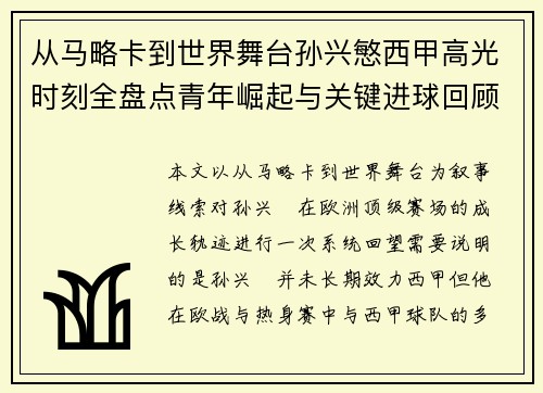 从马略卡到世界舞台孙兴慜西甲高光时刻全盘点青年崛起与关键进球回顾